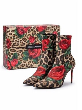 Dolce & Gabbana Leopard & Red Rose Pointed Ankle Boots